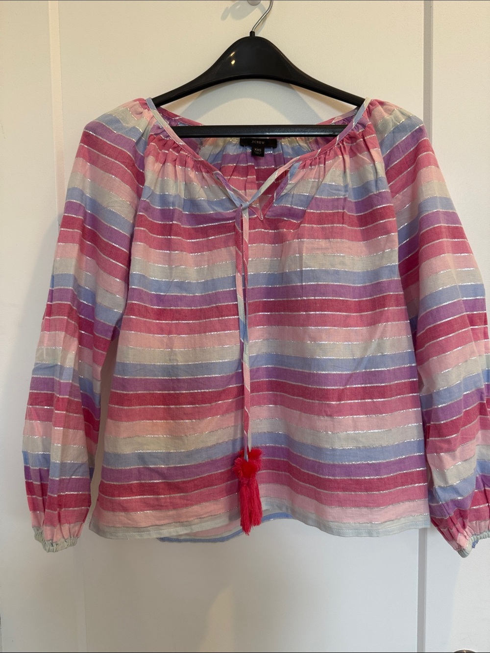 J. Crew Multicolor Striped Peasant Top with Tassel Tie